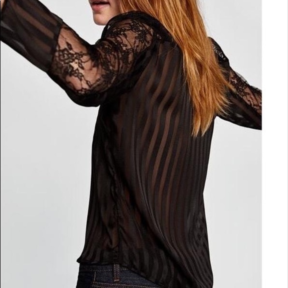 Zara Sheer Black Striped Blouse W/ Lace, Size S